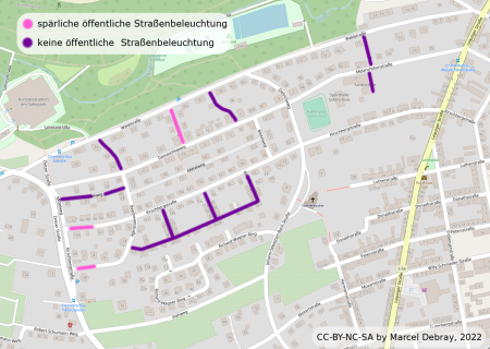 Karte der Kirschbergsiedlung spärlich beleuchteten und vollkommen unbeleuchtete Straßenabschnitte