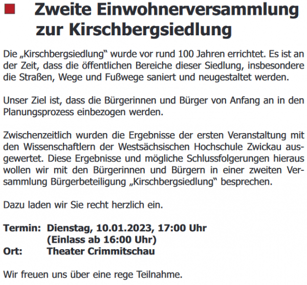 Einwohnerversammlung zur Kirschbergsiedlung - Amtsblatt Crimmitschau Dezember 2022, Seite 11