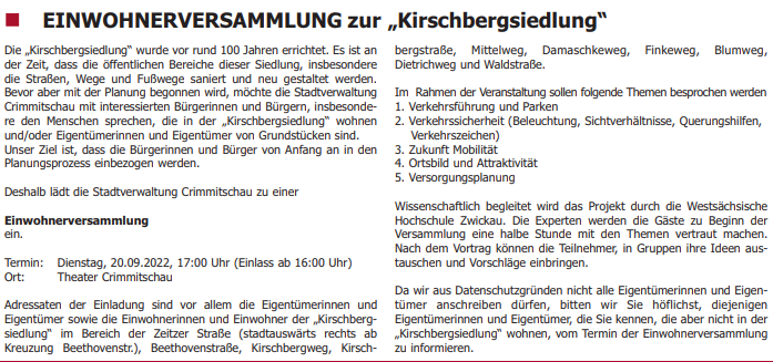 Einwohnerversammlung zur Kirschbergsiedlung - Amtsblatt Crimmitschau August 2022, Seite 12